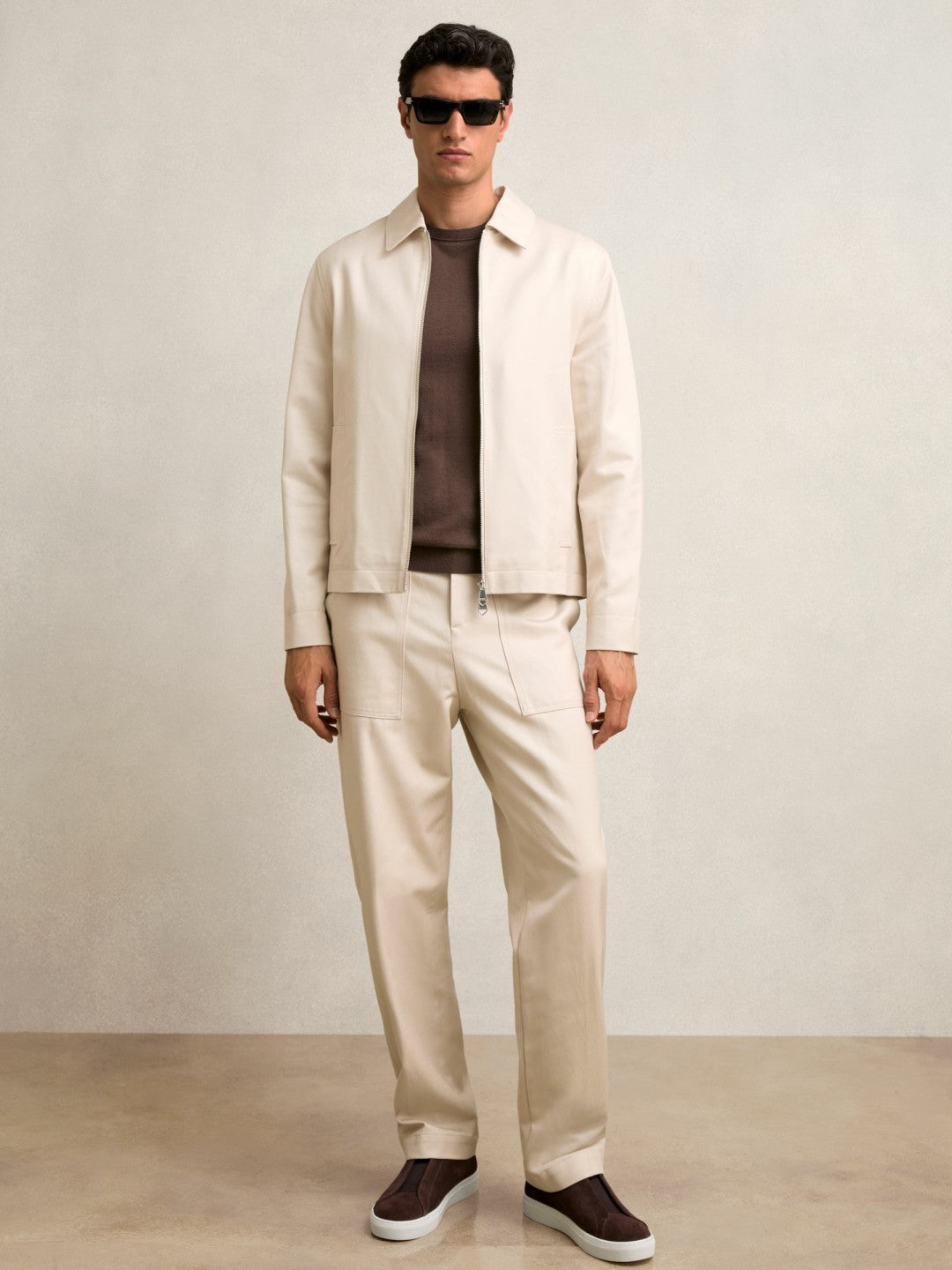 Lyocell-Cotton Zip-Through Twill Jacket in Ecru