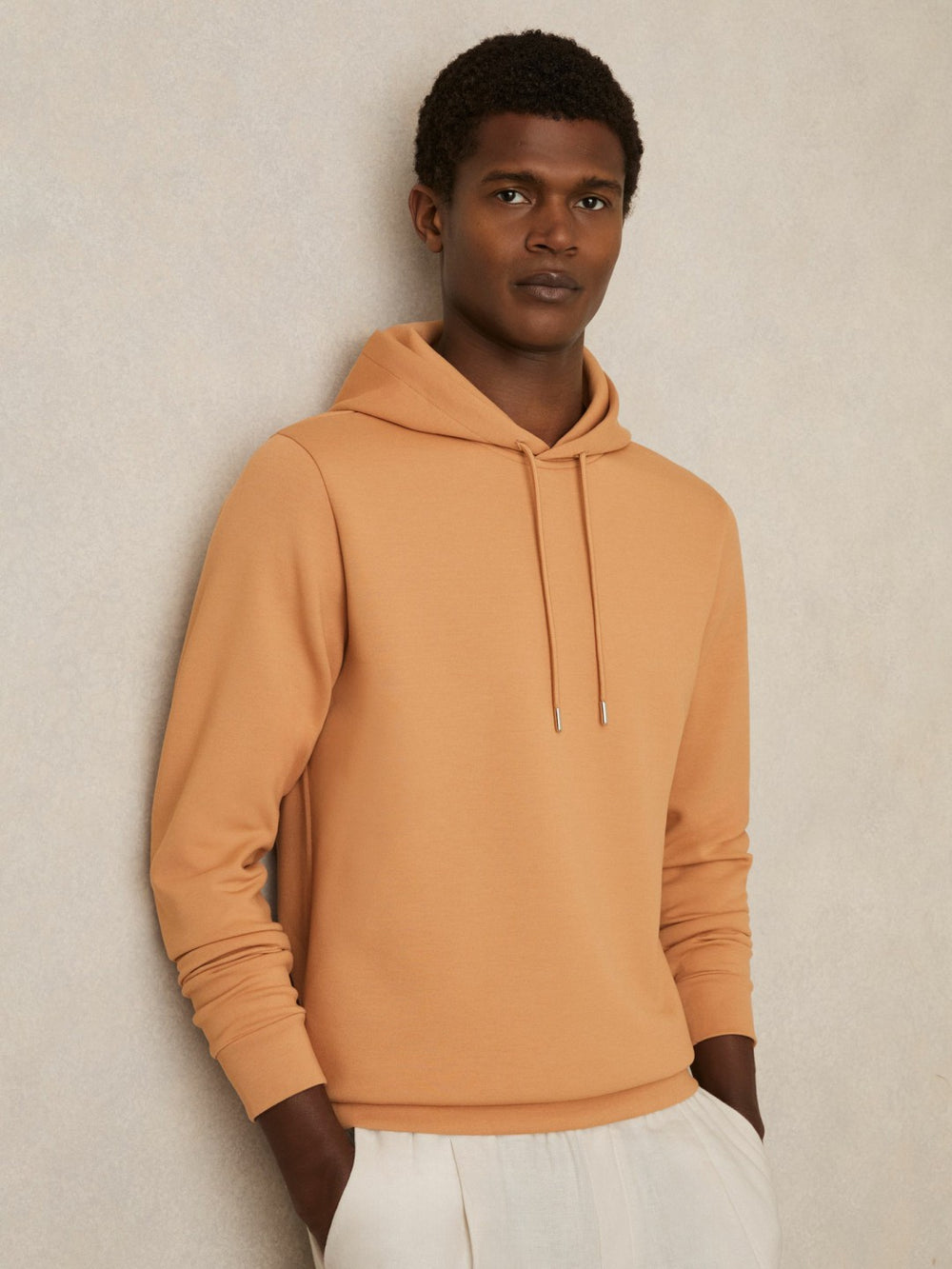 Interlock Jersey Drawstring Hoodie in Light Camel Brown