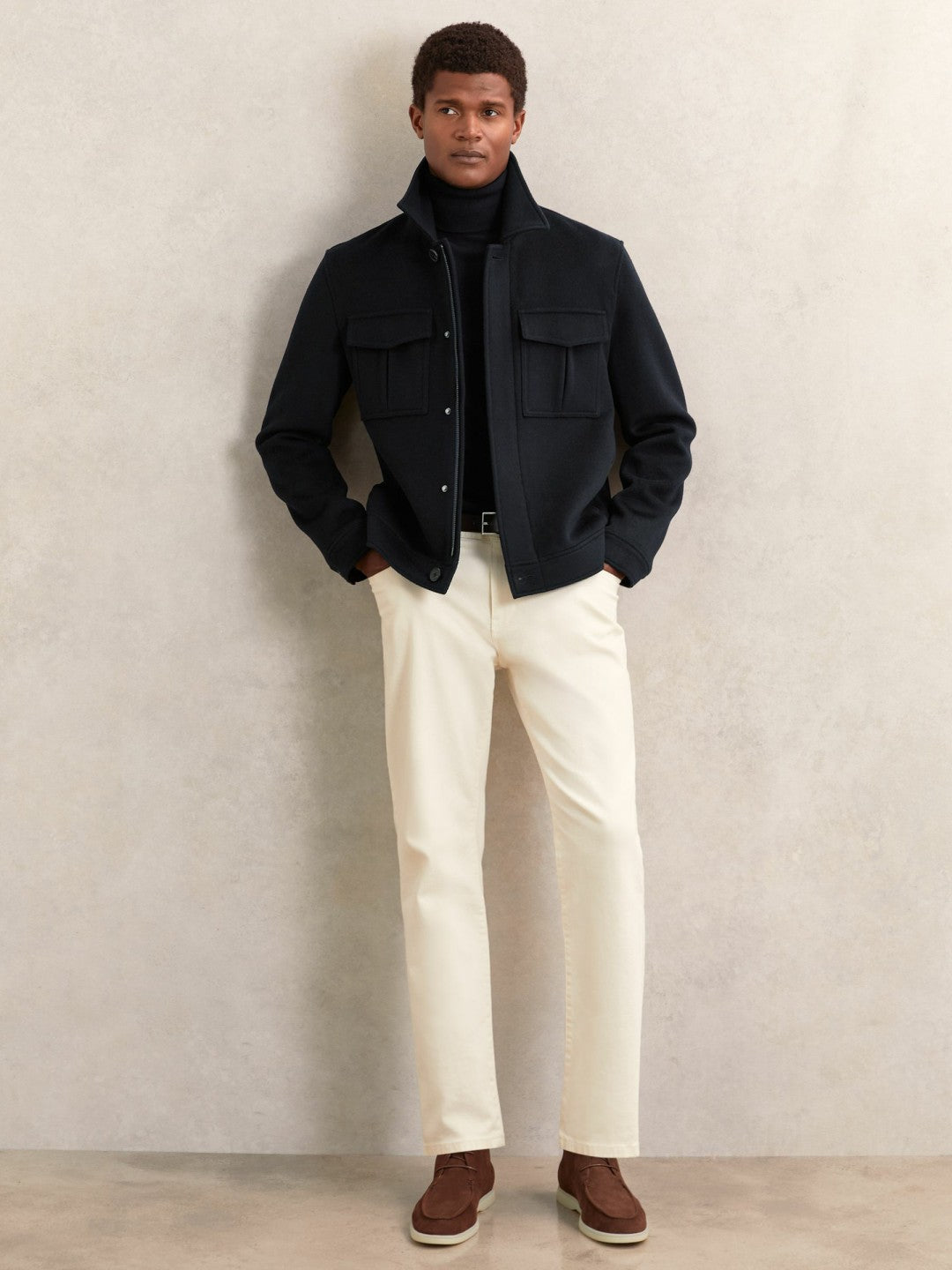 Wool Blend Twin Pocket Zipped Jacket in Navy