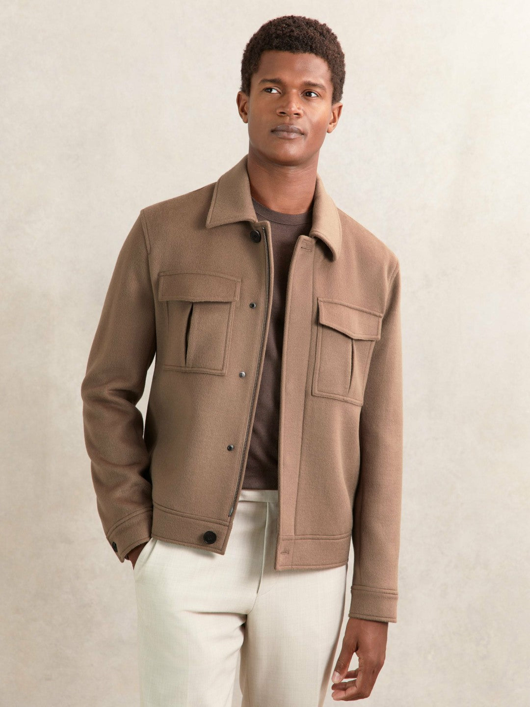 Wool Blend Twin Pocket Zipped Jacket in Dark Brown