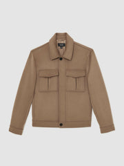 Wool Blend Twin Pocket Zipped Jacket in Dark Brown
