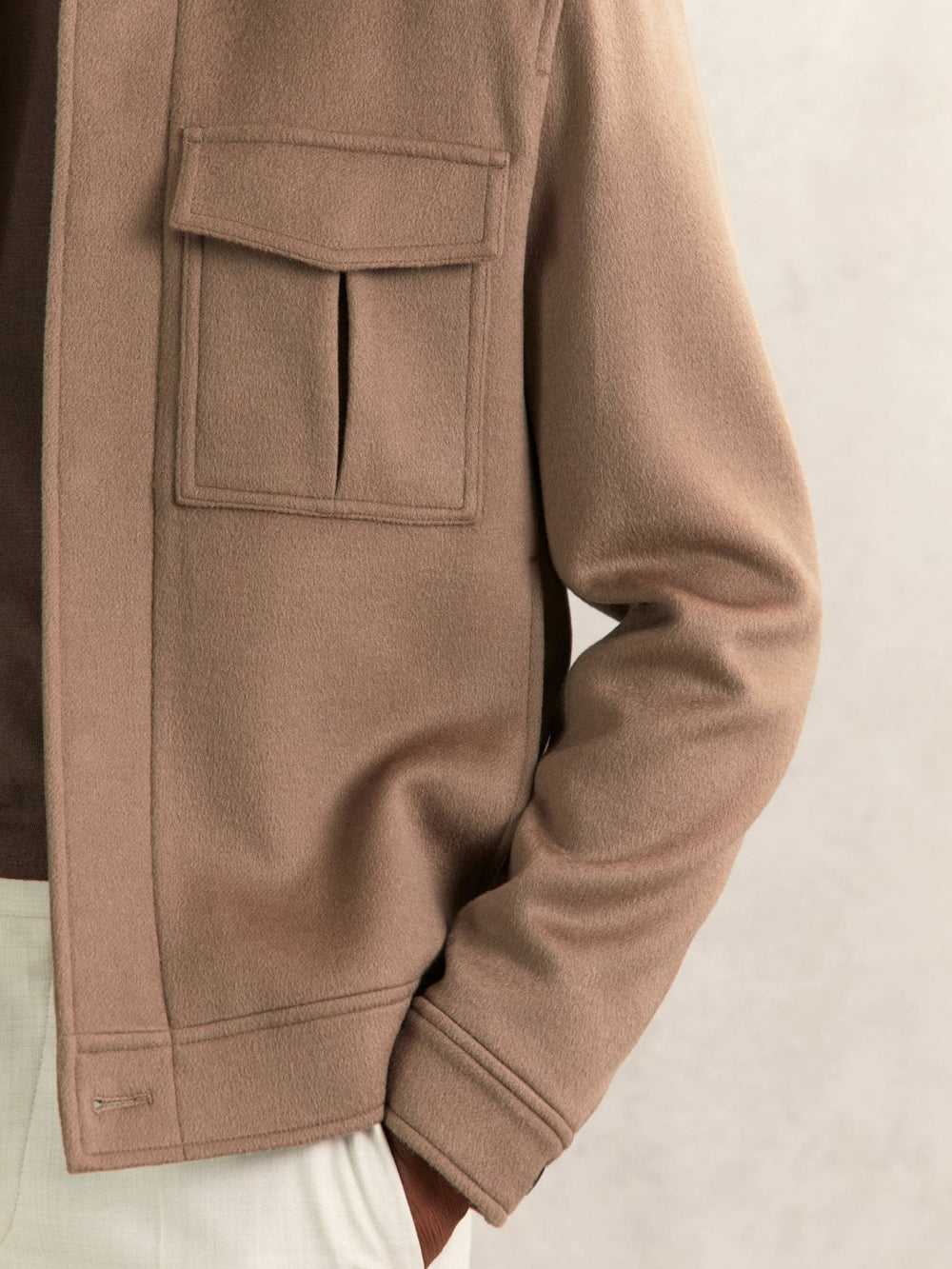 Wool Blend Twin Pocket Zipped Jacket in Dark Brown