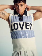 | Tom Daley Stripe Polo Vest in Soft Blue