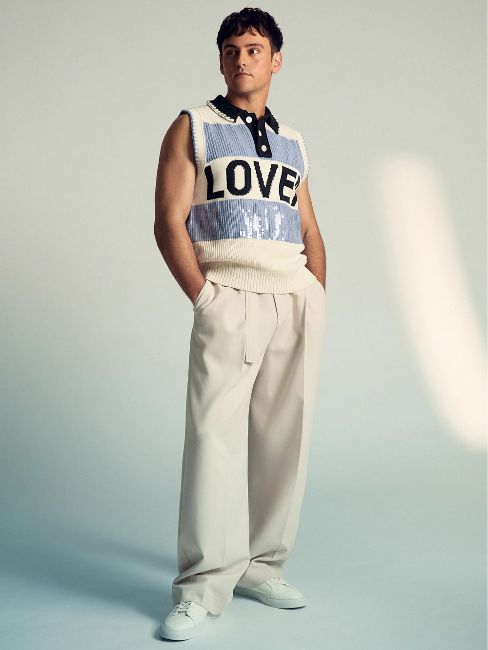 | Tom Daley Stripe Polo Vest in Soft Blue