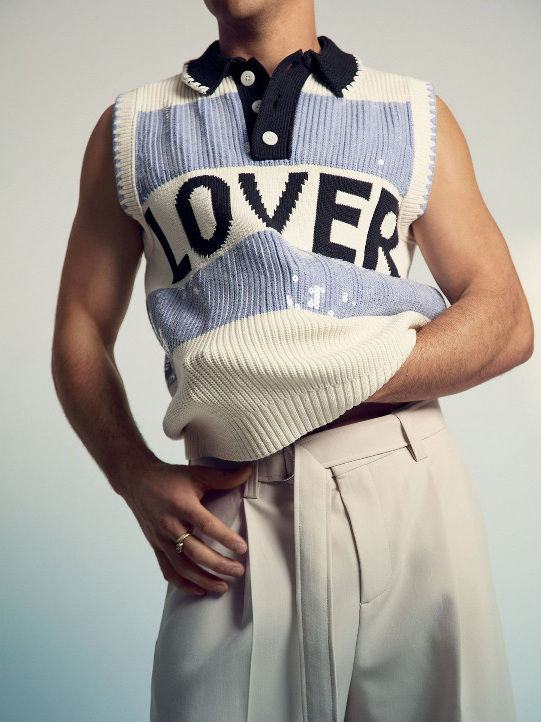 | Tom Daley Stripe Polo Vest in Soft Blue