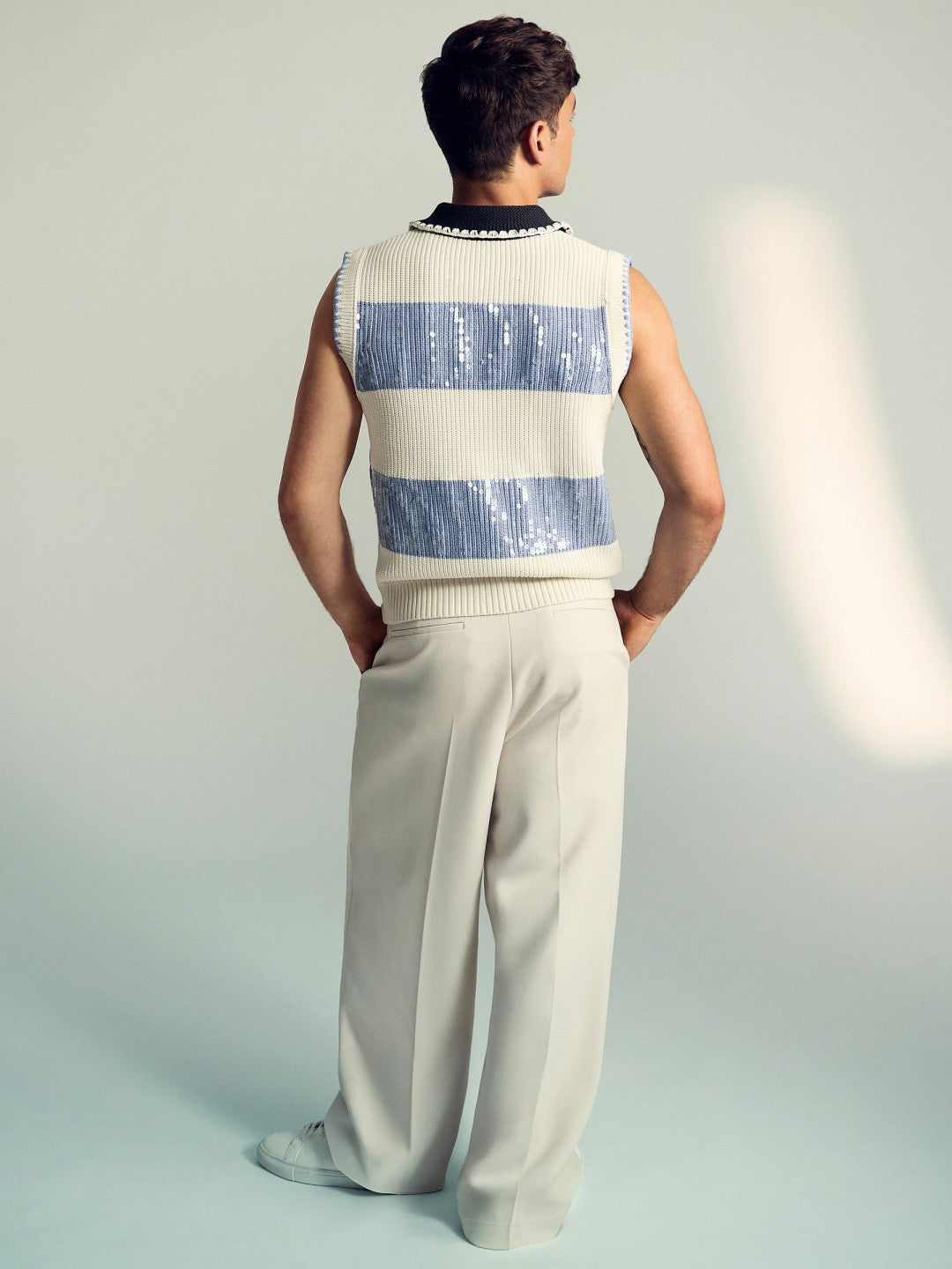 | Tom Daley Stripe Polo Vest in Soft Blue