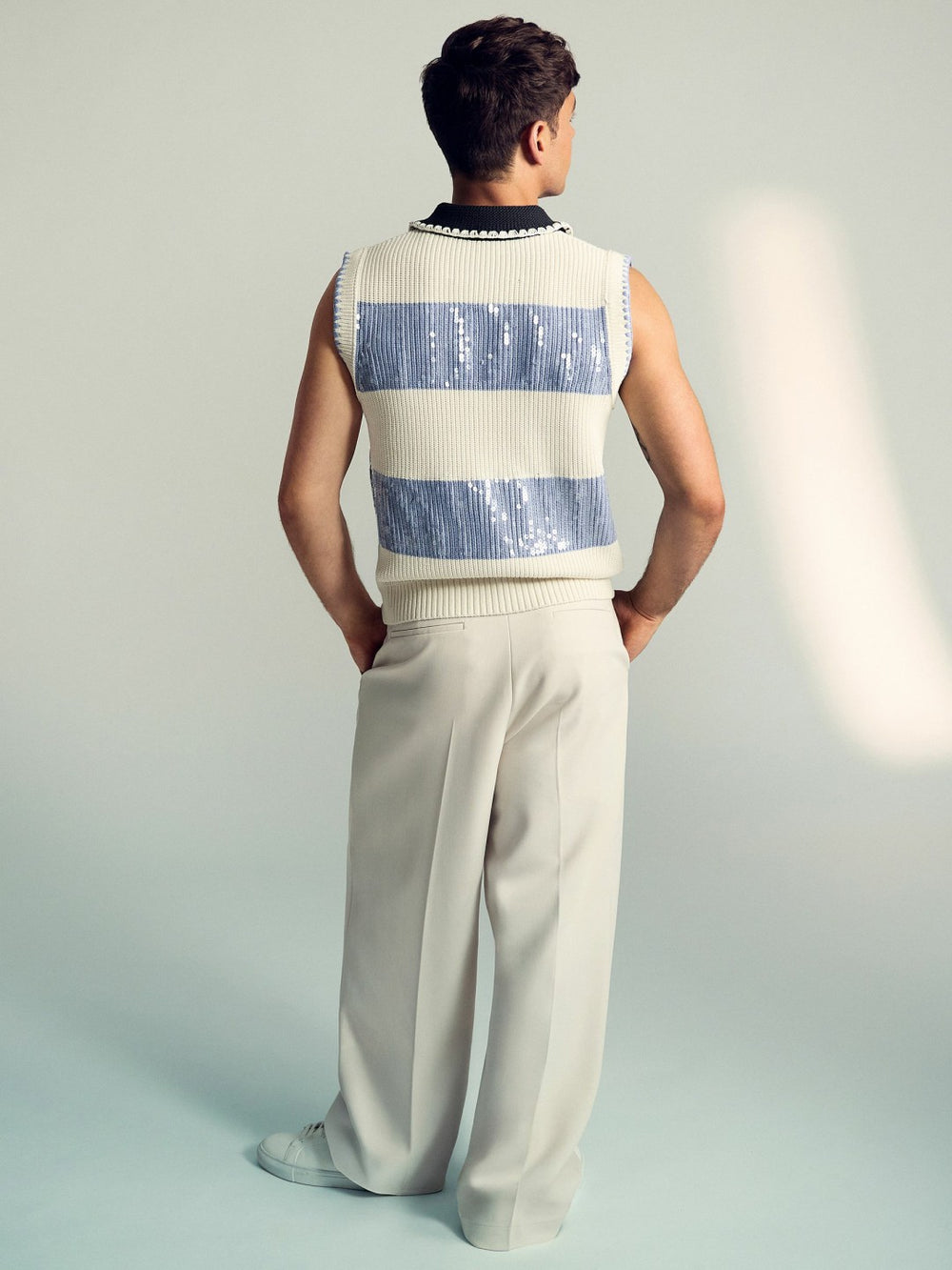 | Tom Daley Stripe Polo Vest in Soft Blue