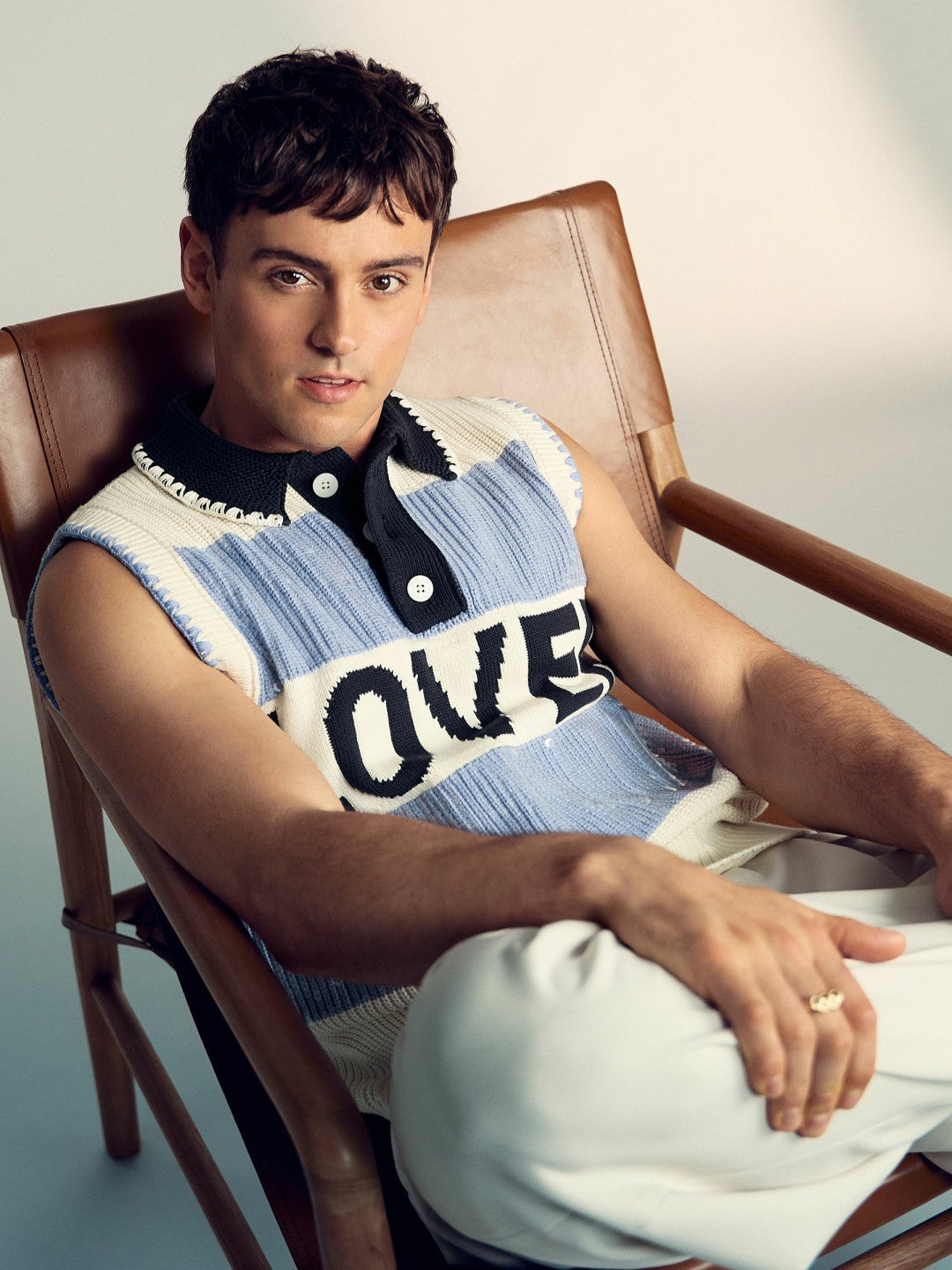 | Tom Daley Stripe Polo Vest in Soft Blue