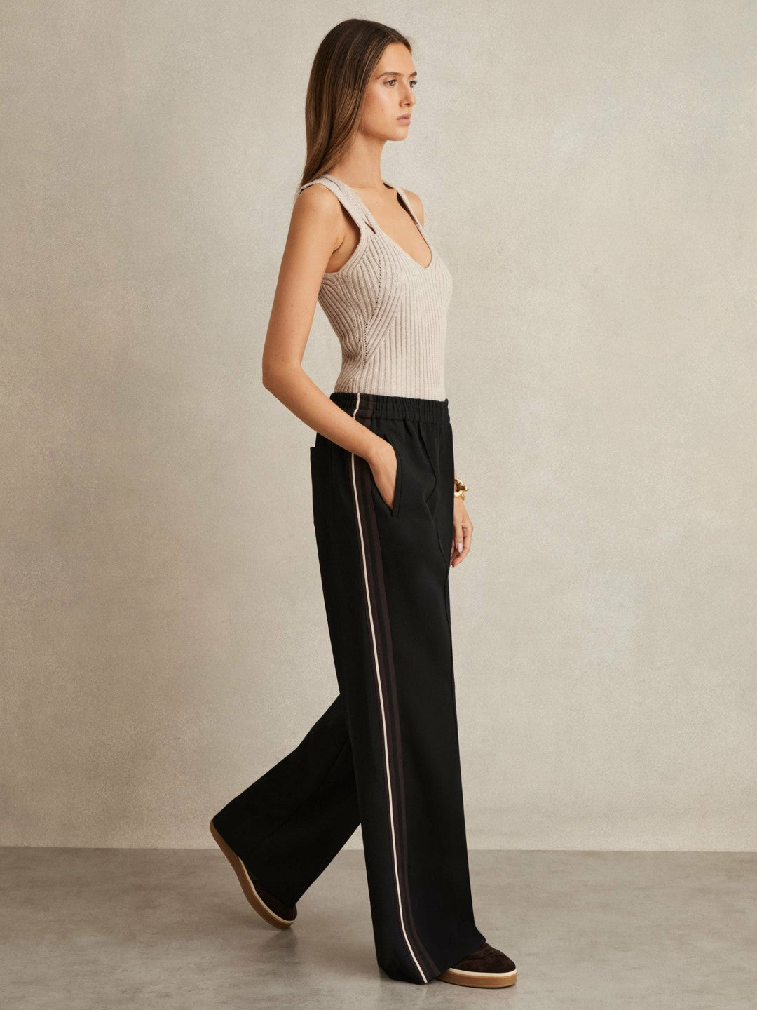 Side-Stripe Wide-Leg Trousers in Black