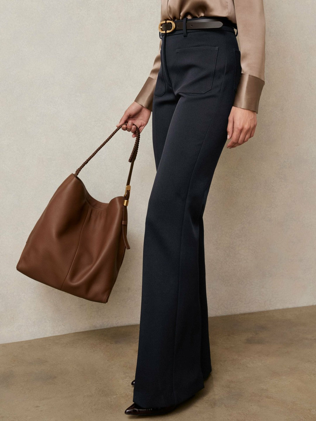 Petite Twill Patch-Pocket Flared Trousers in Navy