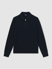 Wool Waffle-Knit Half-Zip Polo Shirt in Navy