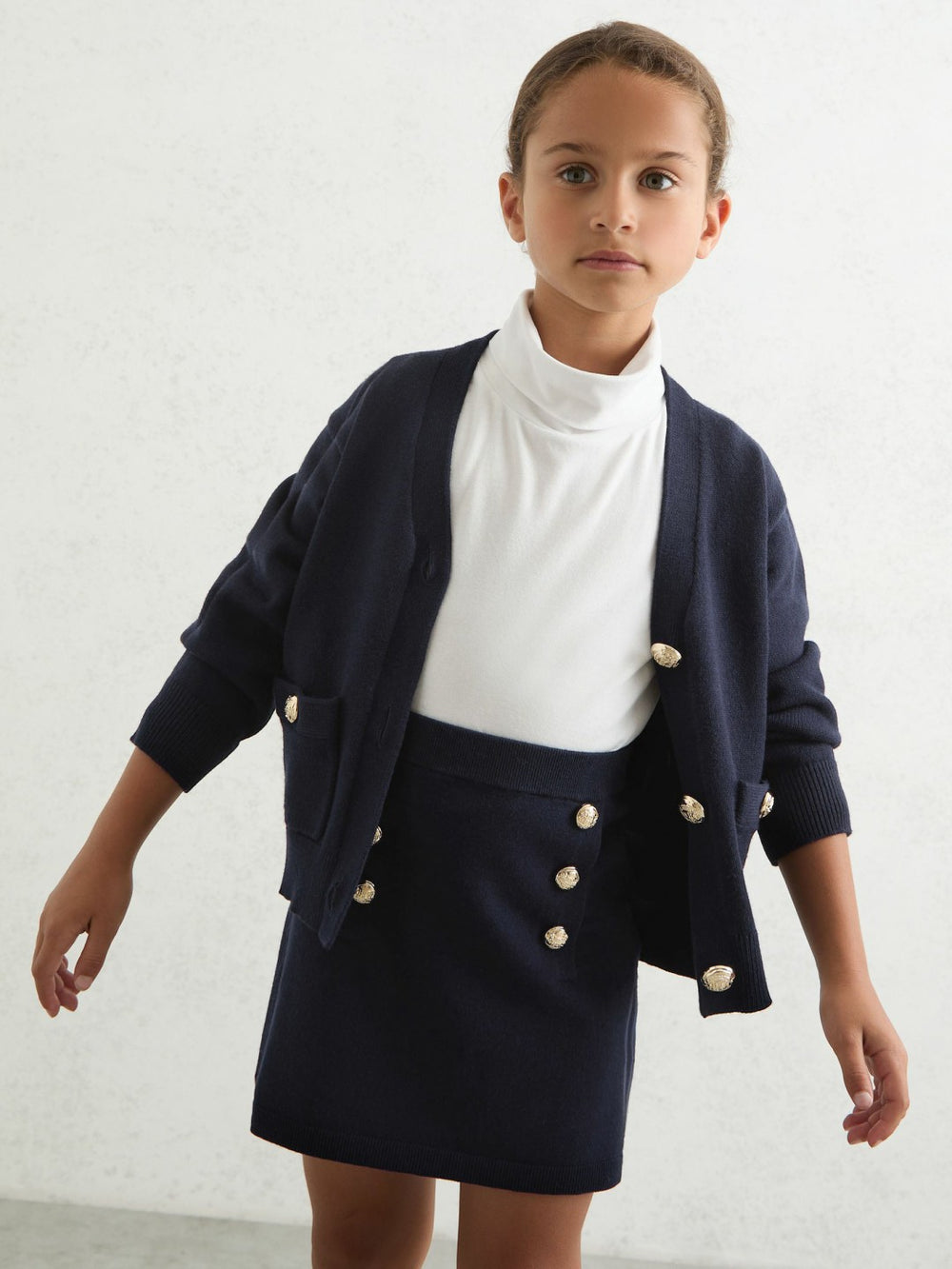 13-14 yrs Knitted Button-Detail A-Line Skirt in Navy