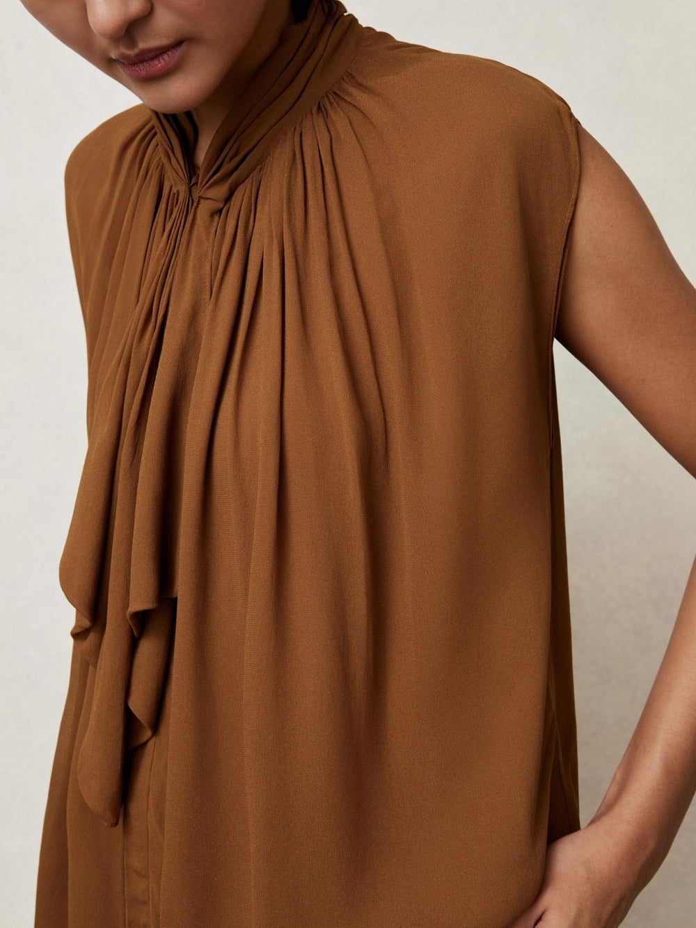 Crepe-Chiffon Ruffle Sleeveless Top in Tan Brown