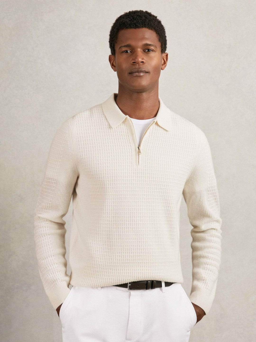 Wool Waffle-Knit Half-Zip Polo Shirt in Off White
