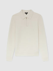 Wool Waffle-Knit Half-Zip Polo Shirt in Off White