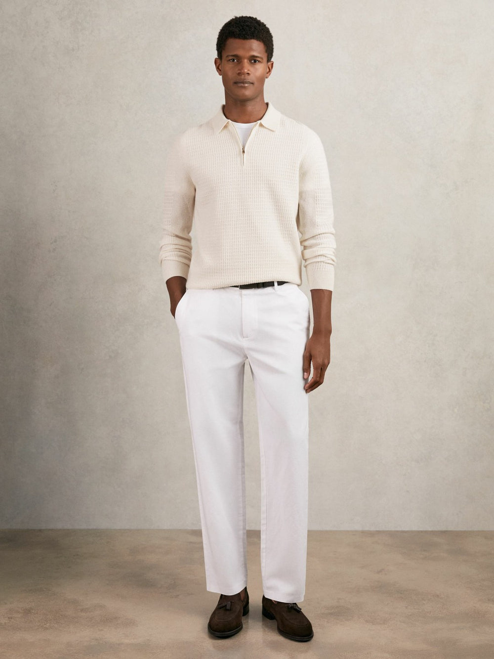 Wool Waffle-Knit Half-Zip Polo Shirt in Off White
