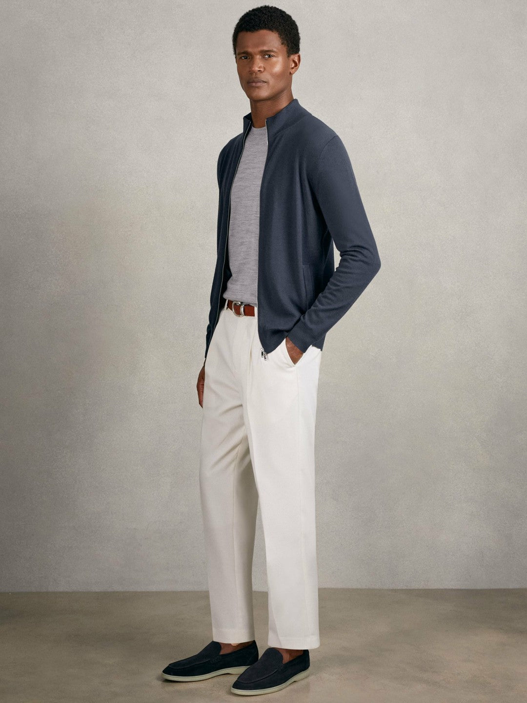 Merino Wool Zip Through Cardigan in Midnight Navy