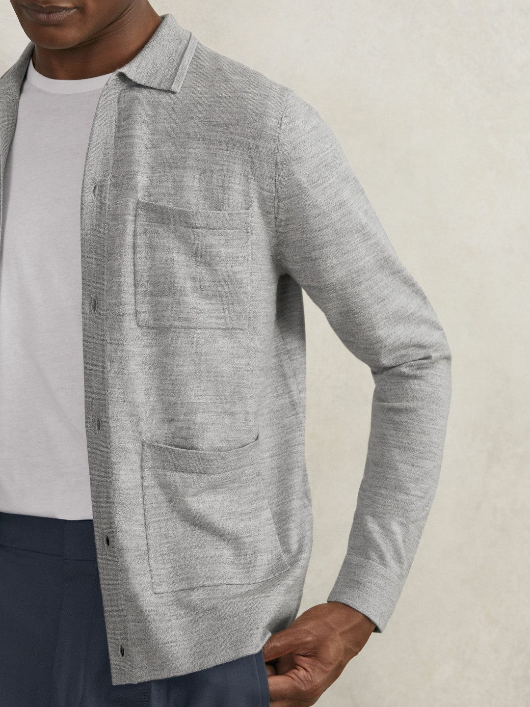 Merino Wool Button-Through Shirt in Soft Grey Mouline