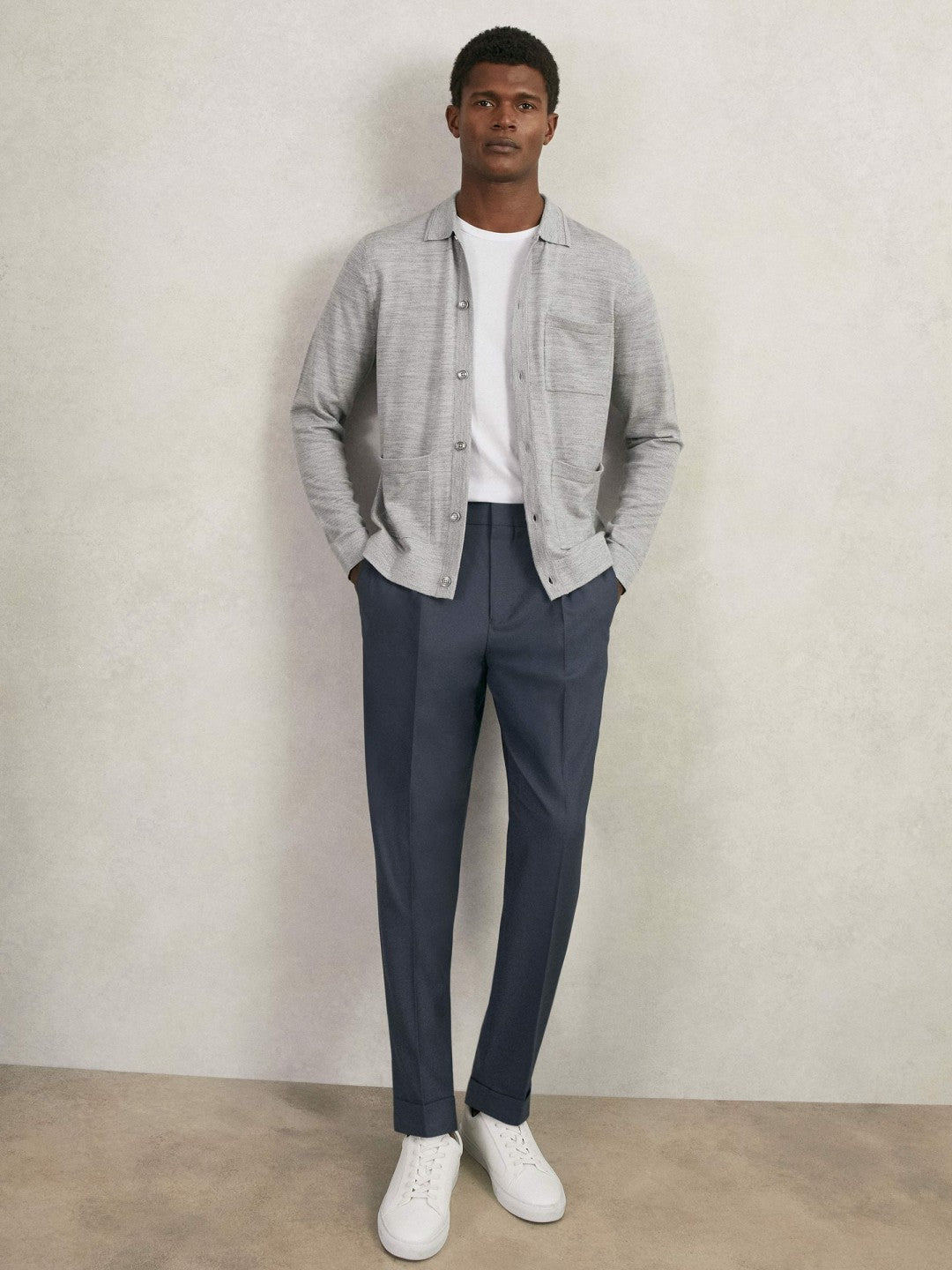Merino Wool Button-Through Shirt in Soft Grey Mouline