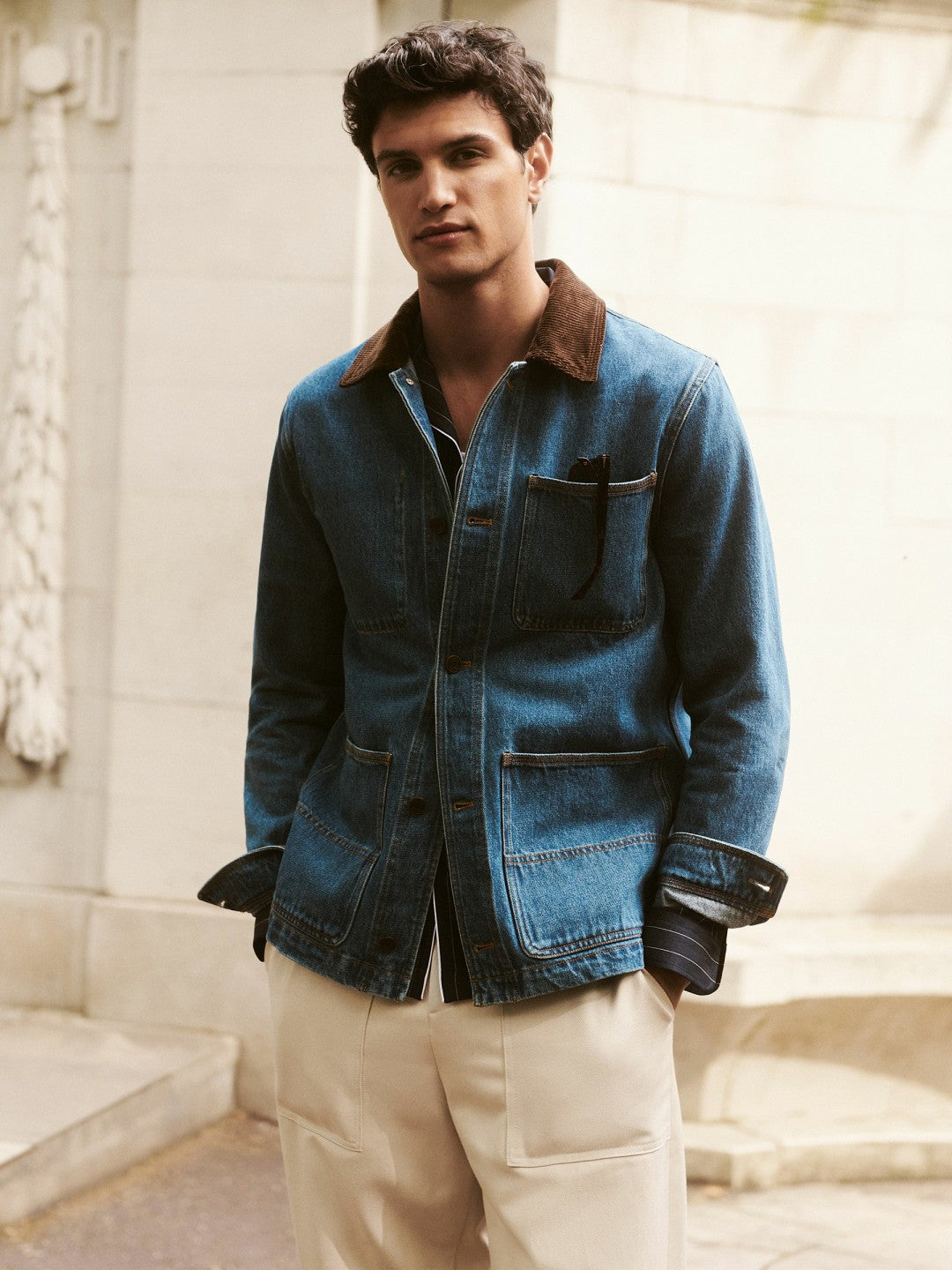 Corduroy Collar Denim Worker Jacket in Denim Blue