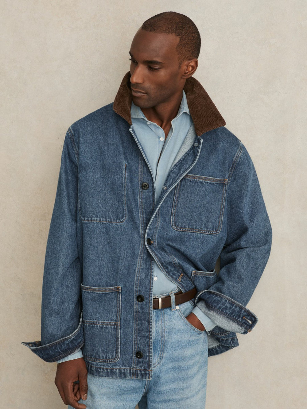 Corduroy Collar Denim Worker Jacket in Denim Blue
