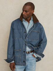 Corduroy Collar Denim Worker Jacket in Denim Blue