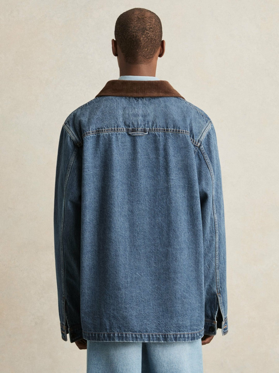 Corduroy Collar Denim Worker Jacket in Denim Blue