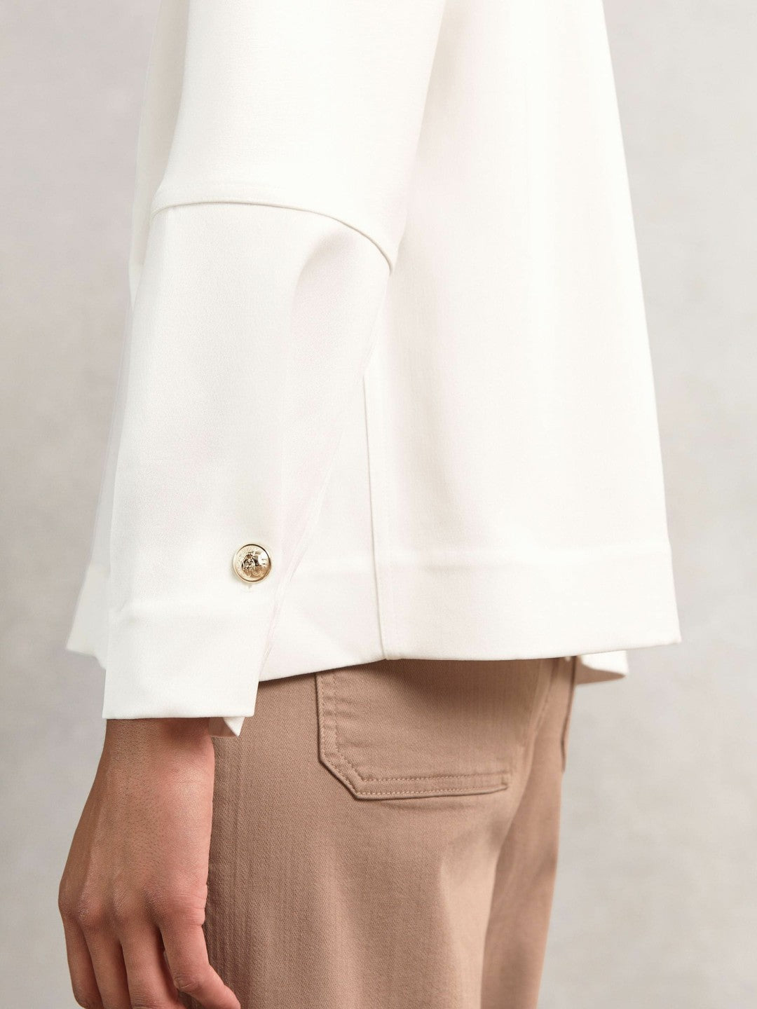 Satin Button-Back Long-Sleeve Top in Ivory
