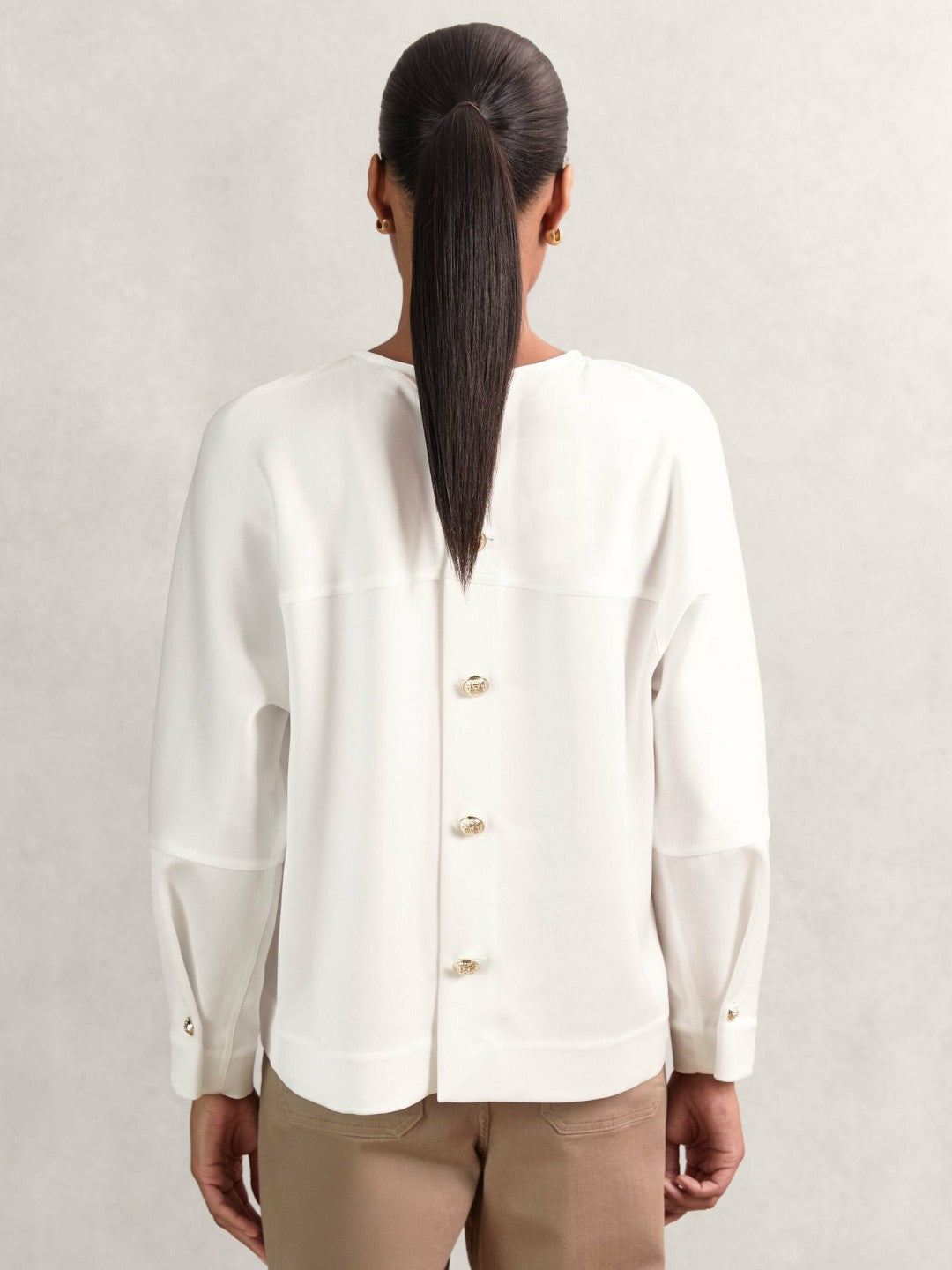 Satin Button-Back Long-Sleeve Top in Ivory
