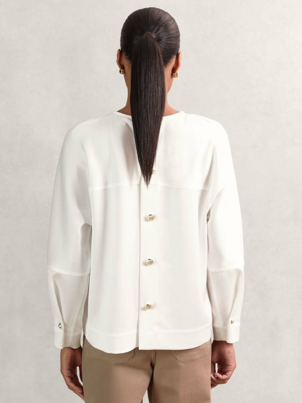 Satin Button-Back Long-Sleeve Top in Ivory