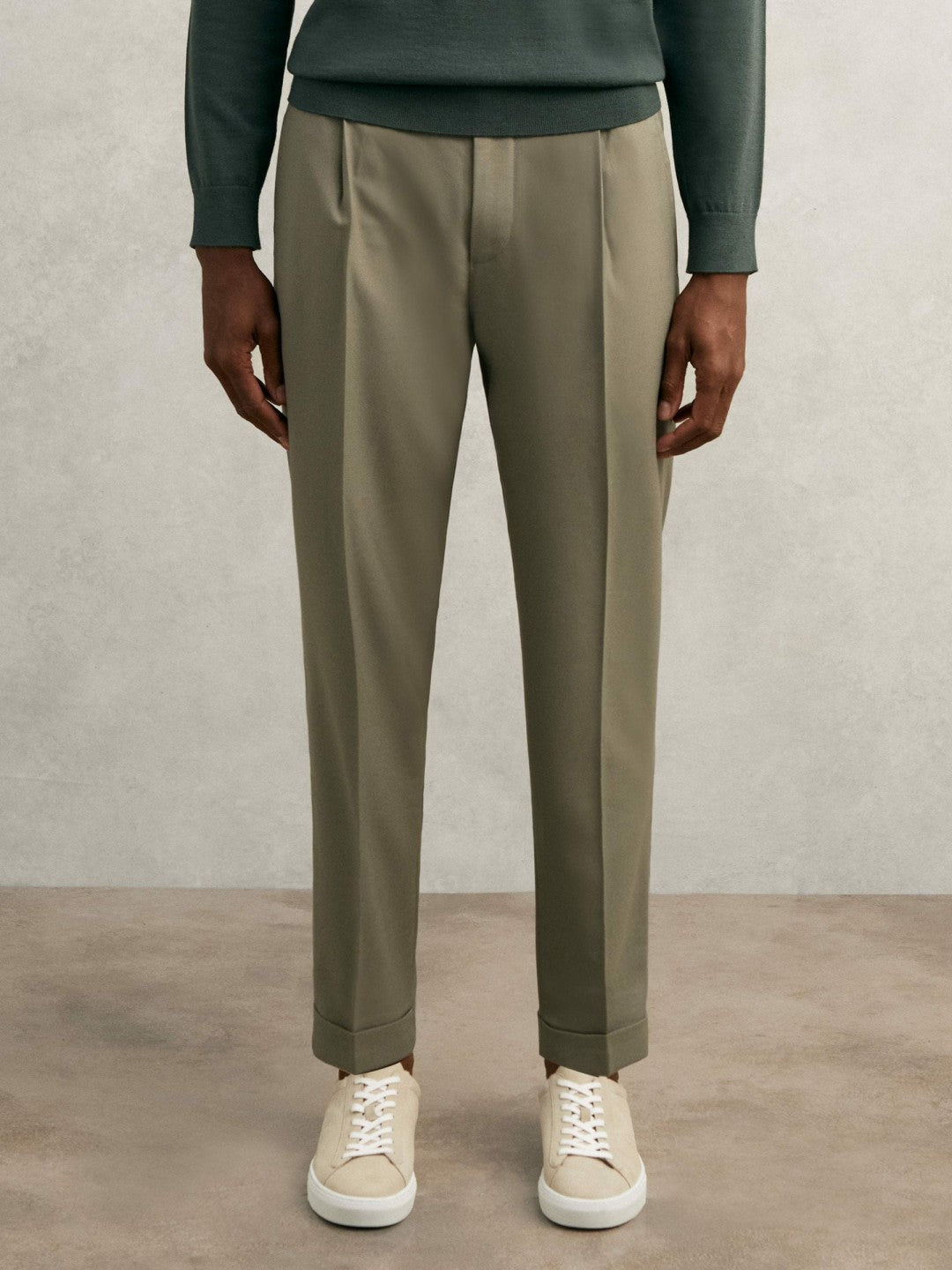 Relaxed-Fit Pleated Tapered Trousers in Sage