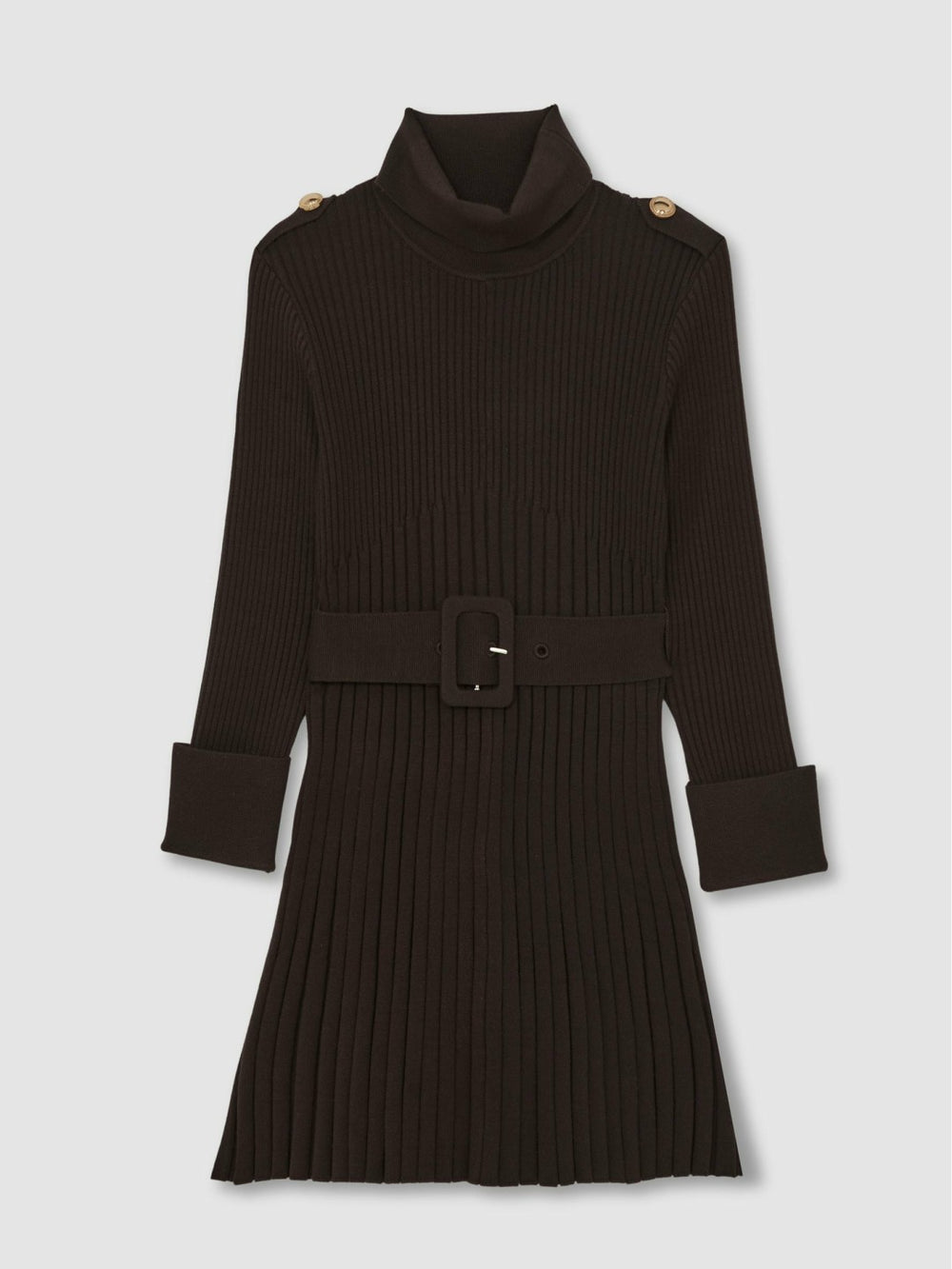 9-13 yrs Rib-Knit Roll-Neck Belted Dress in Chocolate