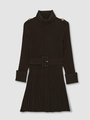 9-13 yrs Rib-Knit Roll-Neck Belted Dress in Chocolate