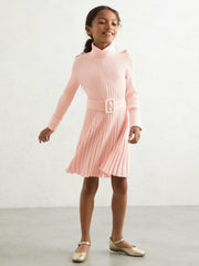 9-13 yrs Rib-Knit Roll-Neck Belted Dress in Pink