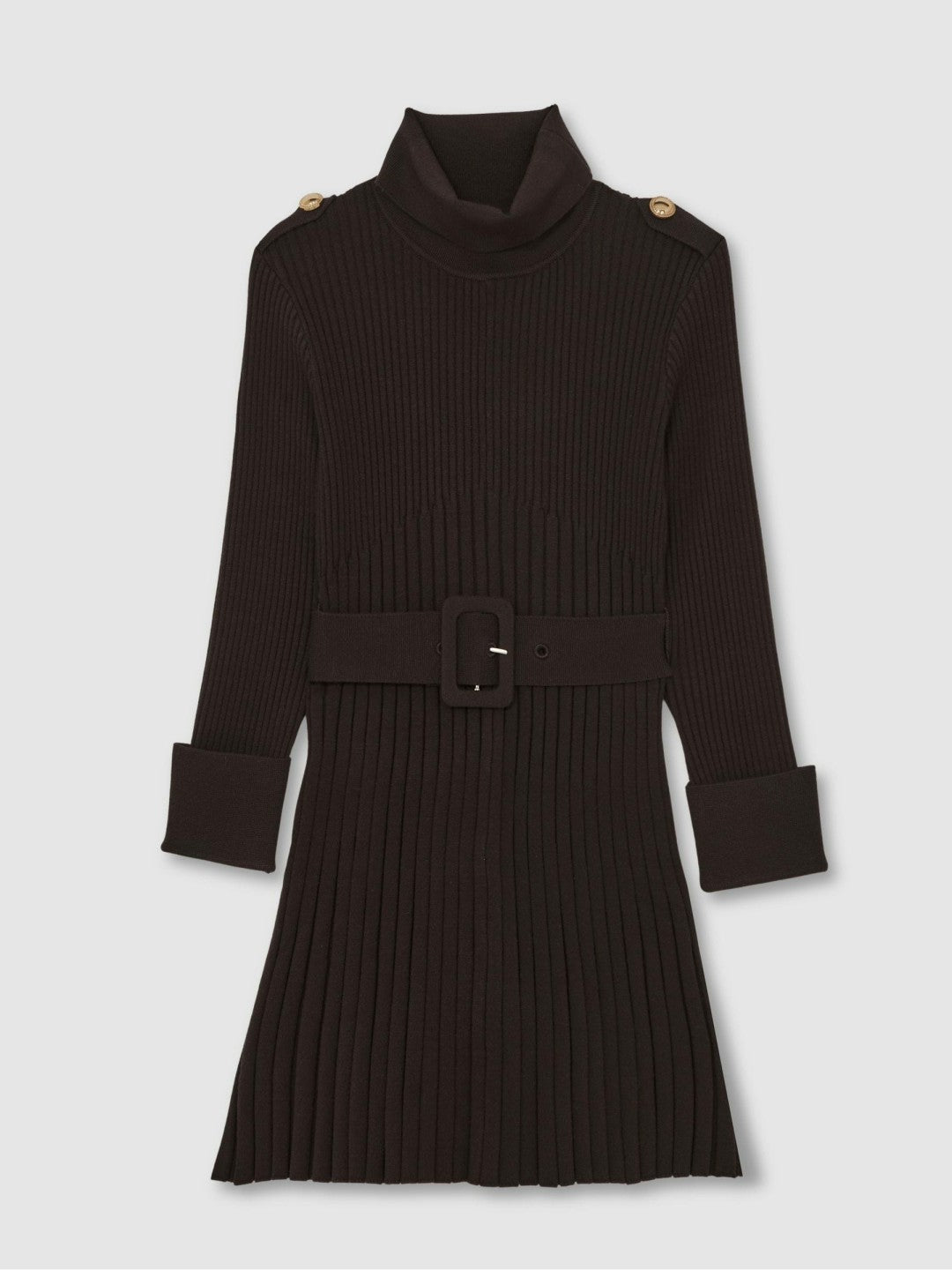 13-14 yrs Rib-Knit Roll-Neck Belted Dress in Chocolate