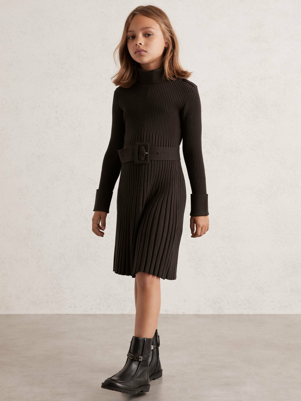 13-14 yrs Rib-Knit Roll-Neck Belted Dress in Chocolate