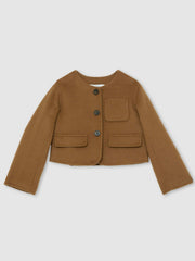 13-14 yrs Wool-Blend Cropped Collarless Jacket in Camel
