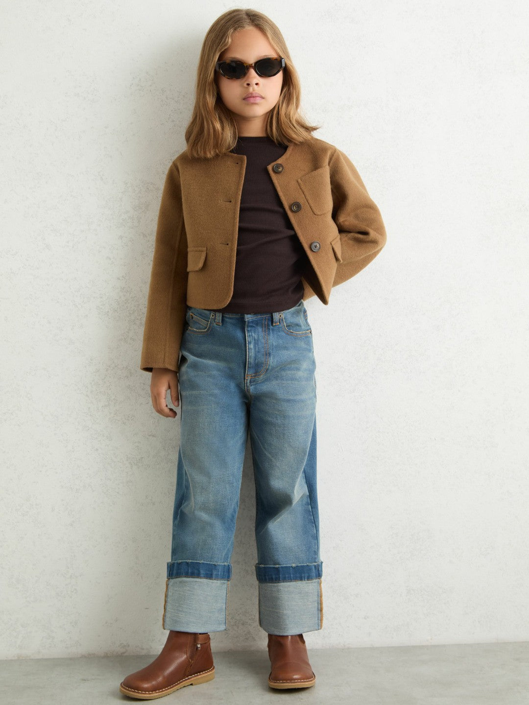 13-14 yrs Wool-Blend Cropped Collarless Jacket in Camel