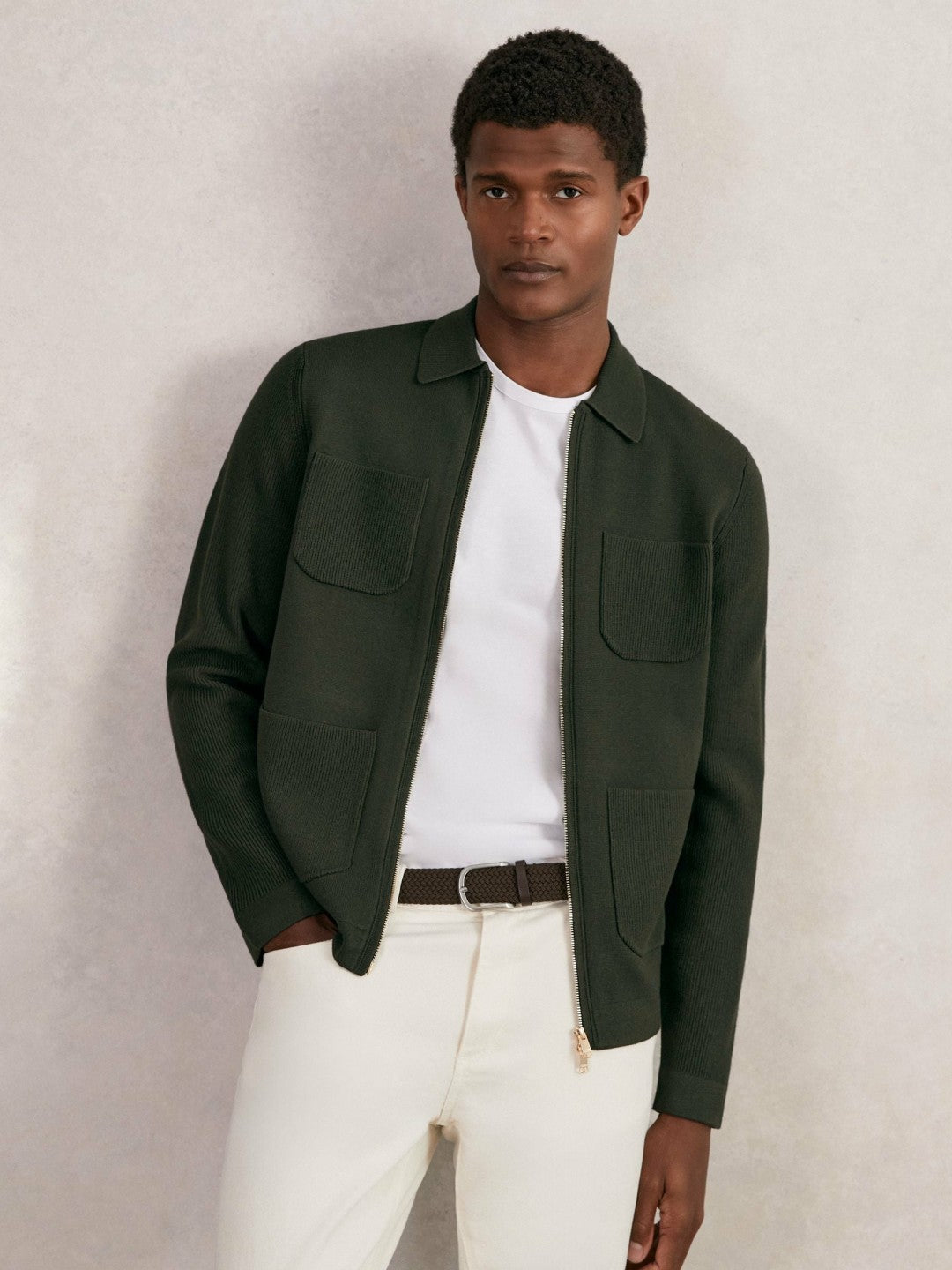 Four-Pocket Zip-Through Cardigan in Forest Green