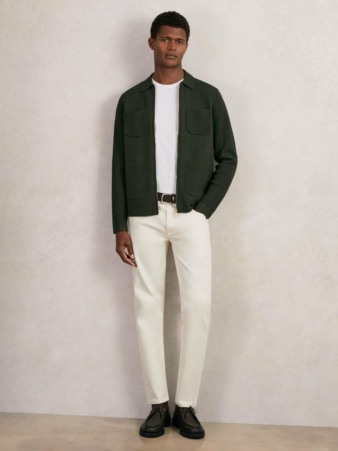 Four-Pocket Zip-Through Cardigan in Forest Green