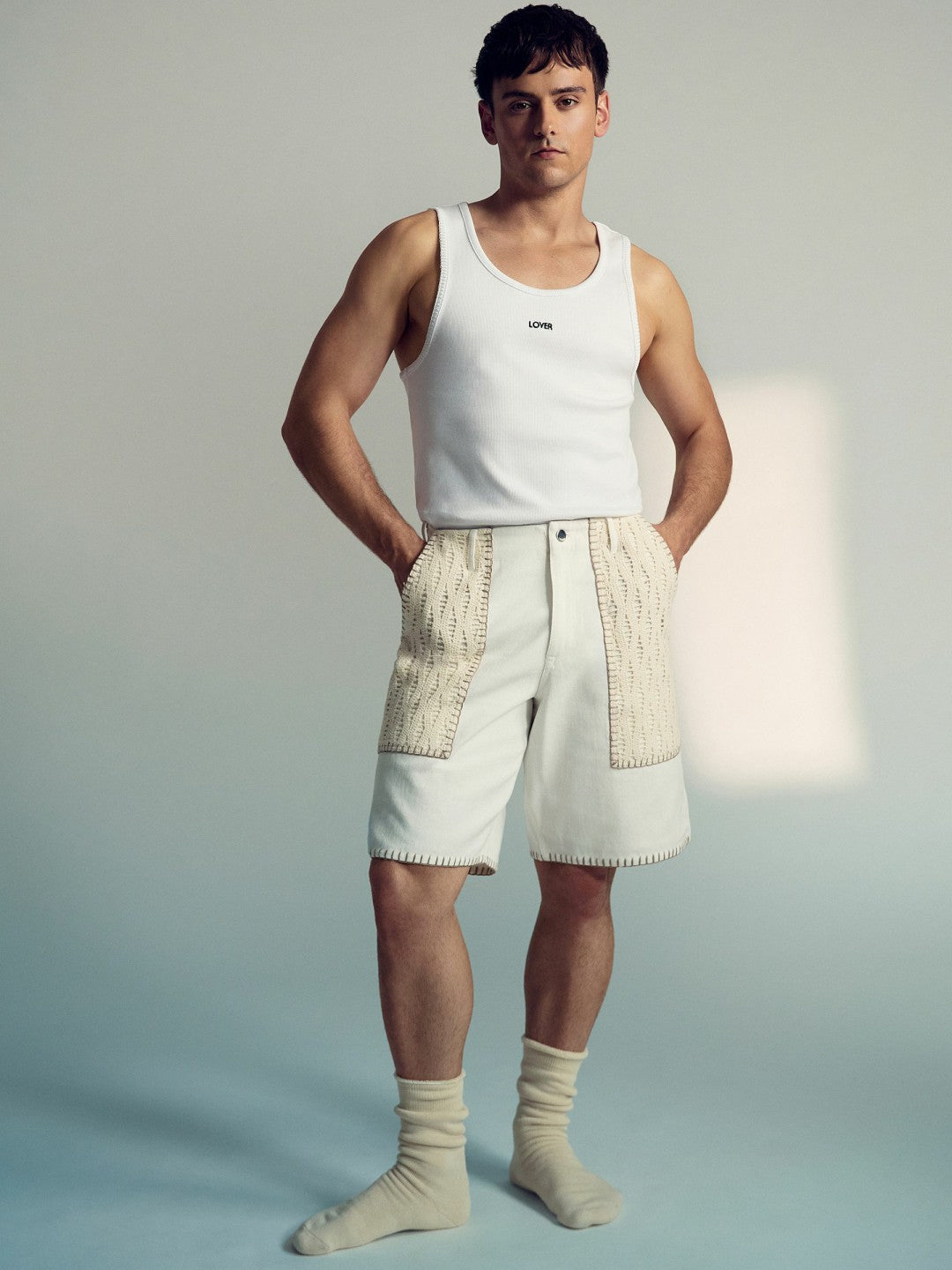| Tom Daley Crochet Denim Shorts in Off White