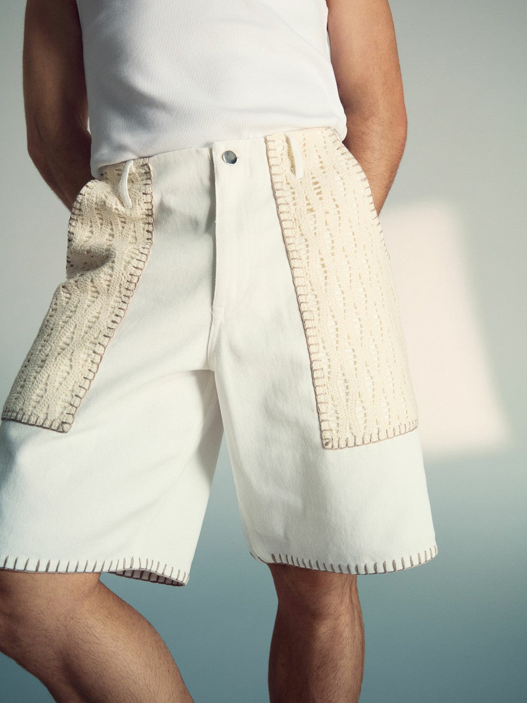| Tom Daley Crochet Denim Shorts in Off White
