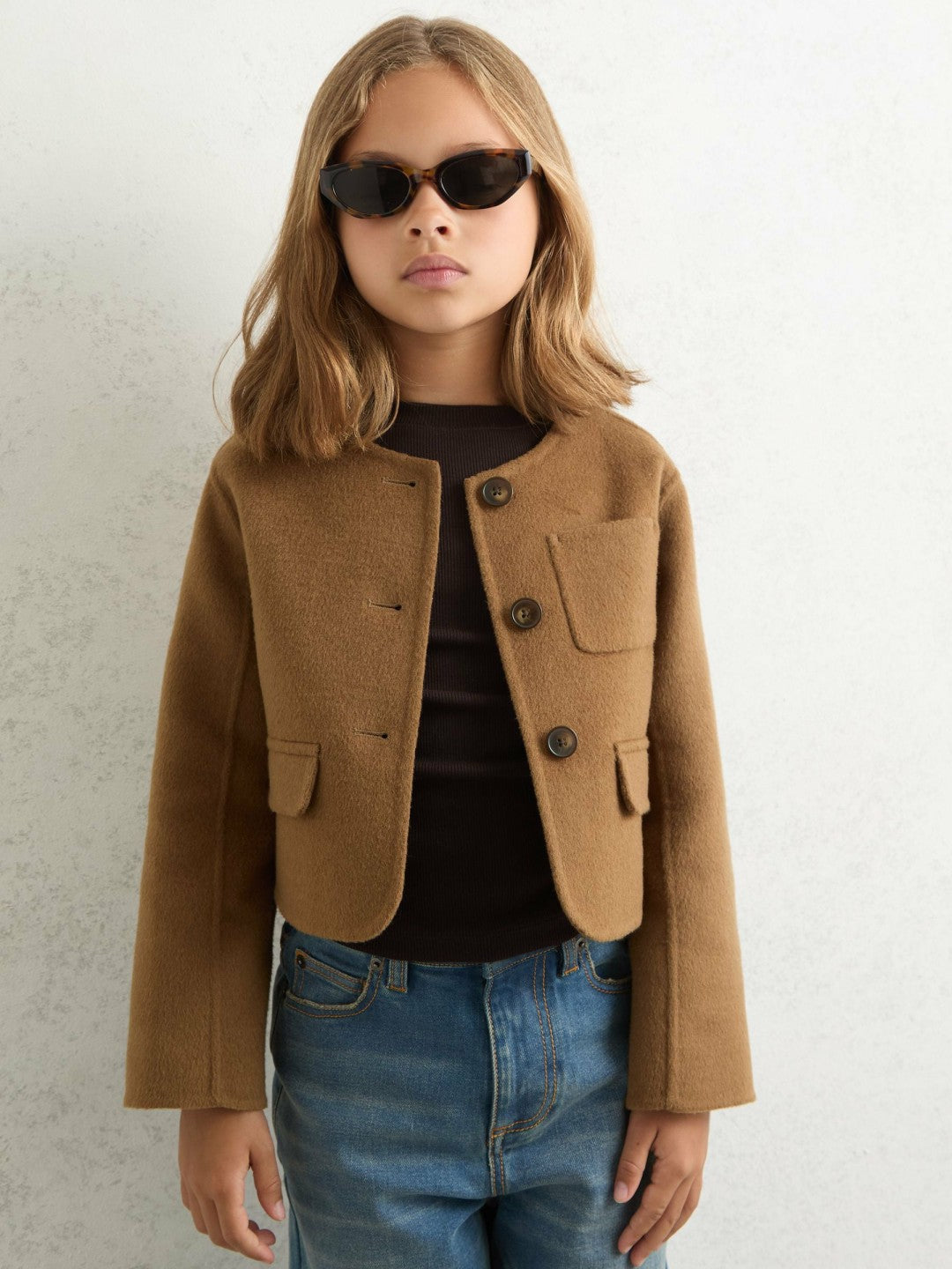 3-9 yrs Wool-Blend Cropped Collarless Jacket in Camel