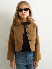 3-9 yrs Wool-Blend Cropped Collarless Jacket in Camel