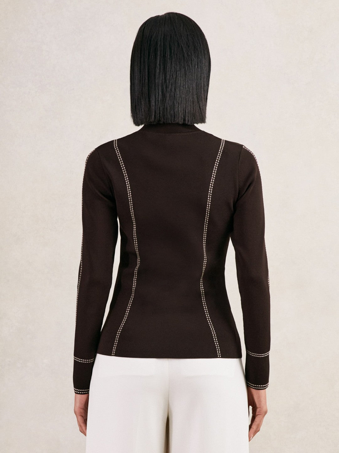 Contrast-Stitch Knit Top in Burgundy