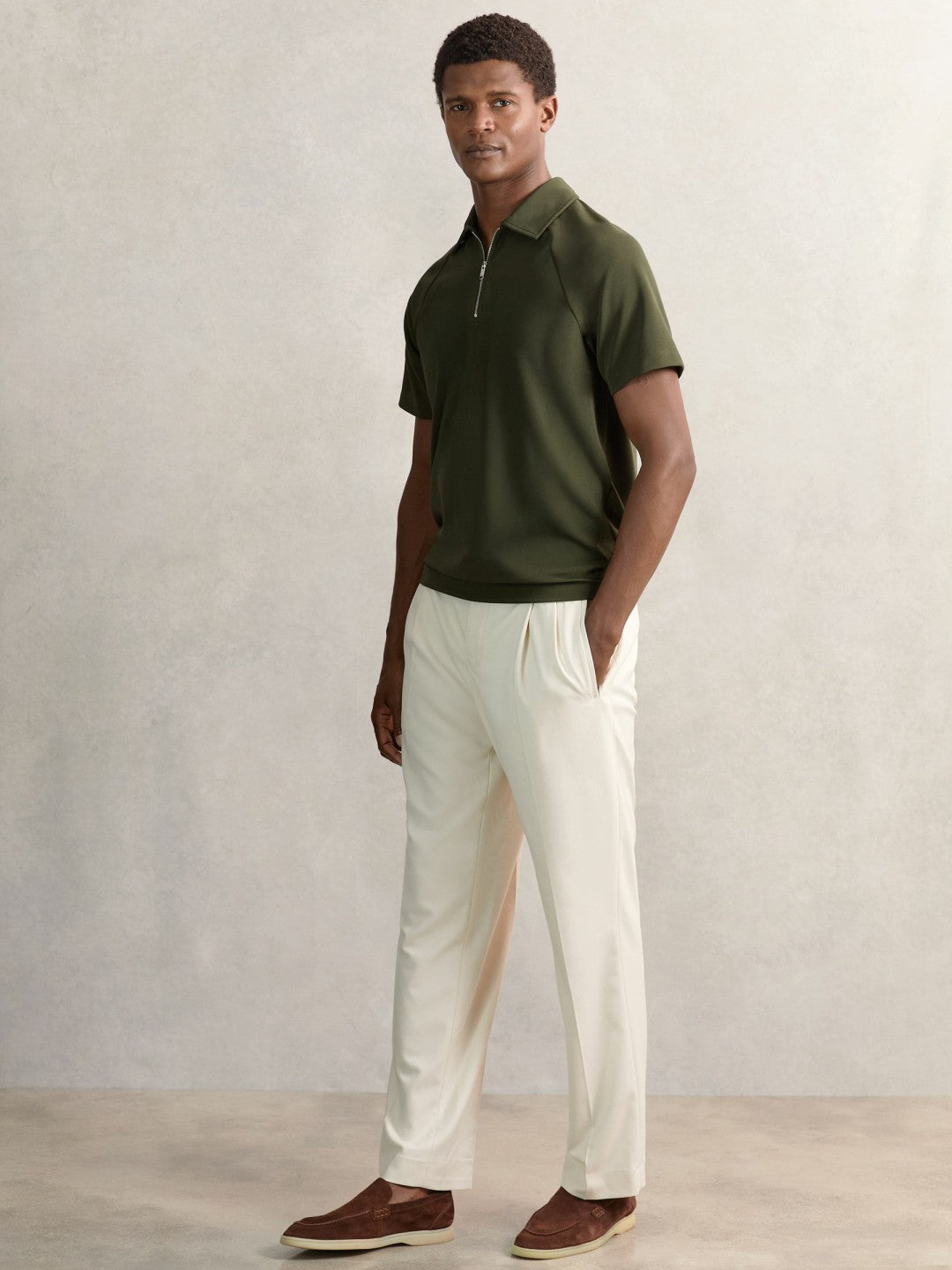 Textured Raglan Half-Zip Polo Shirt in Green