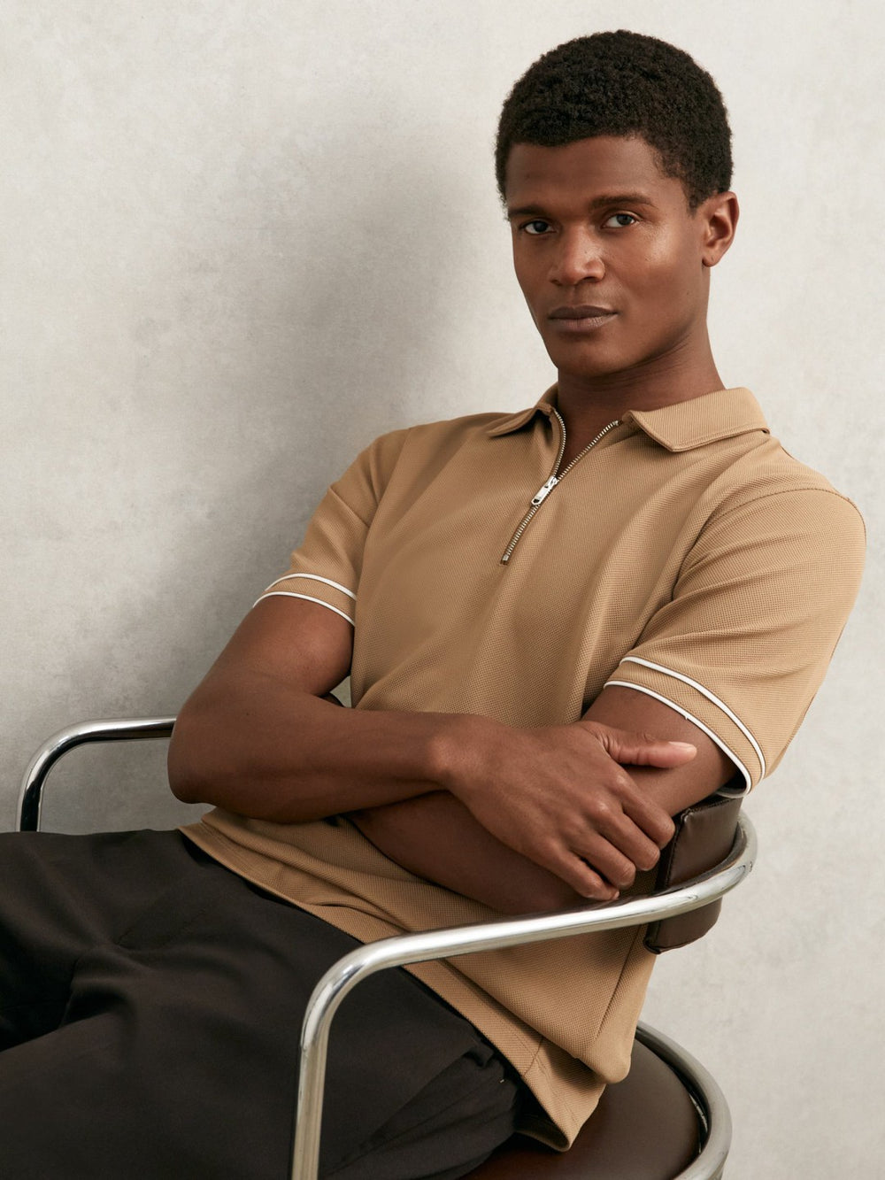 Textured Half-Zip Tipped Polo Shirt in Camel