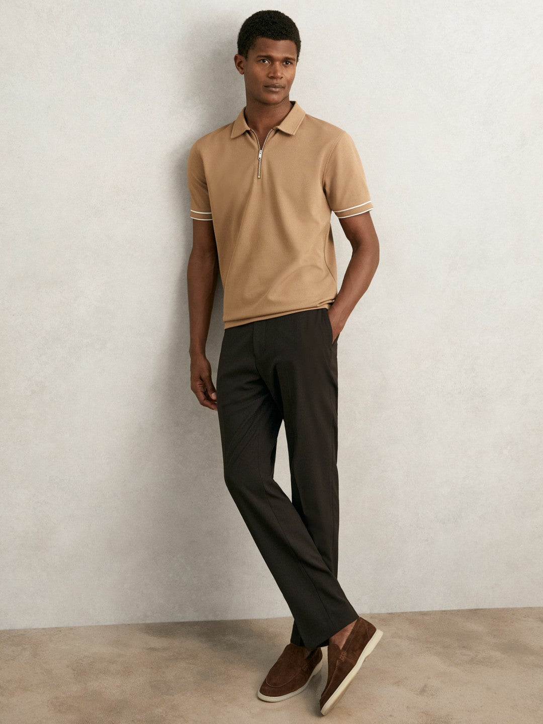 Textured Half-Zip Tipped Polo Shirt in Camel