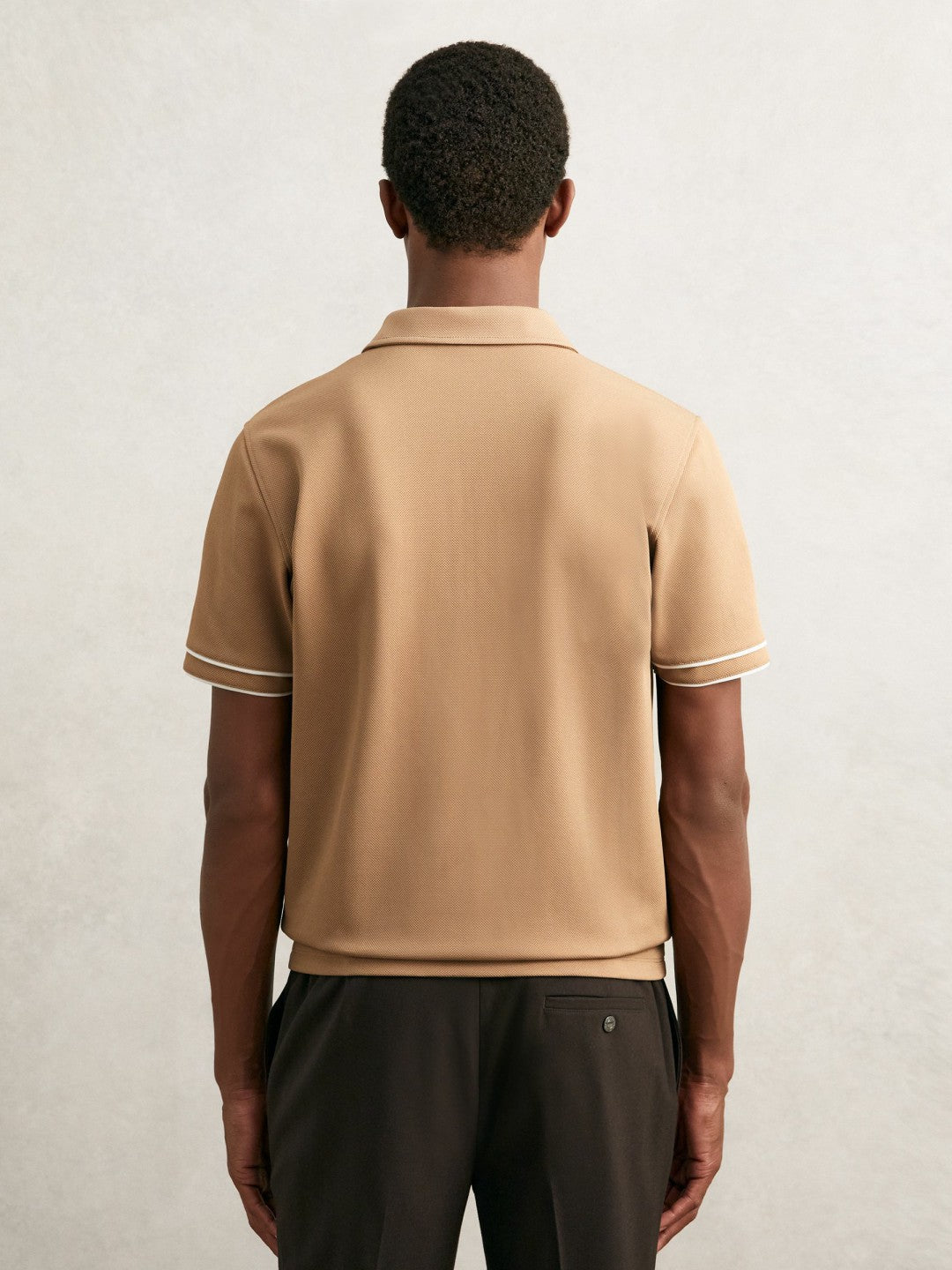 Textured Half-Zip Tipped Polo Shirt in Camel