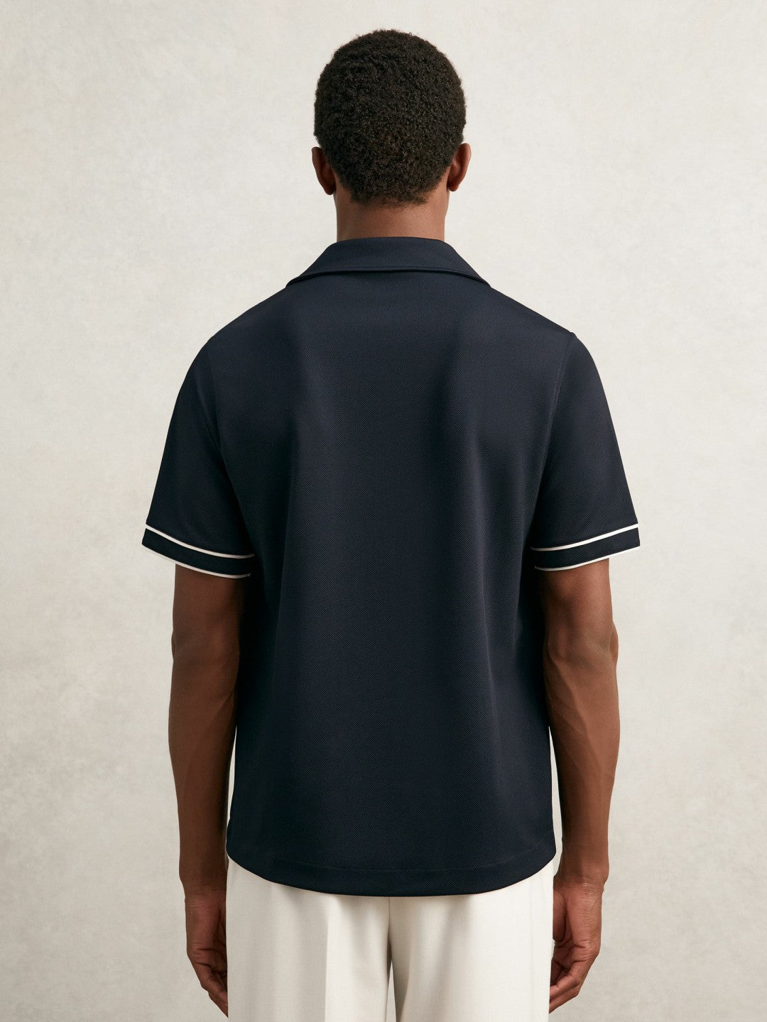 Piped-Stripe Cuban-Collar Shirt in Navy/White